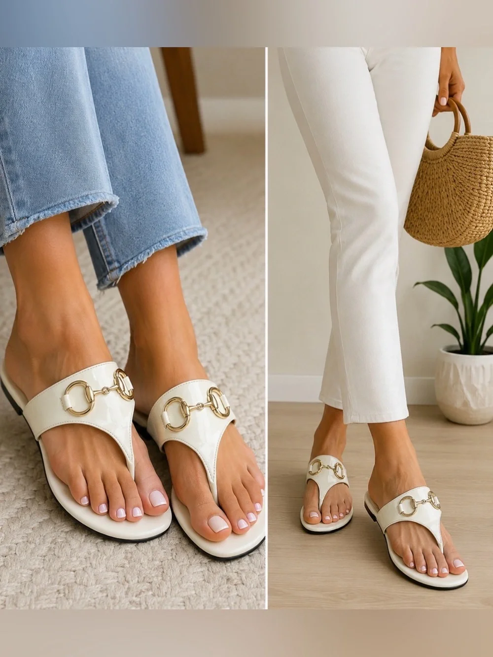 Gucci White Patent Leather Horsebit Thong Slide Sandals Women’s 5B Italy